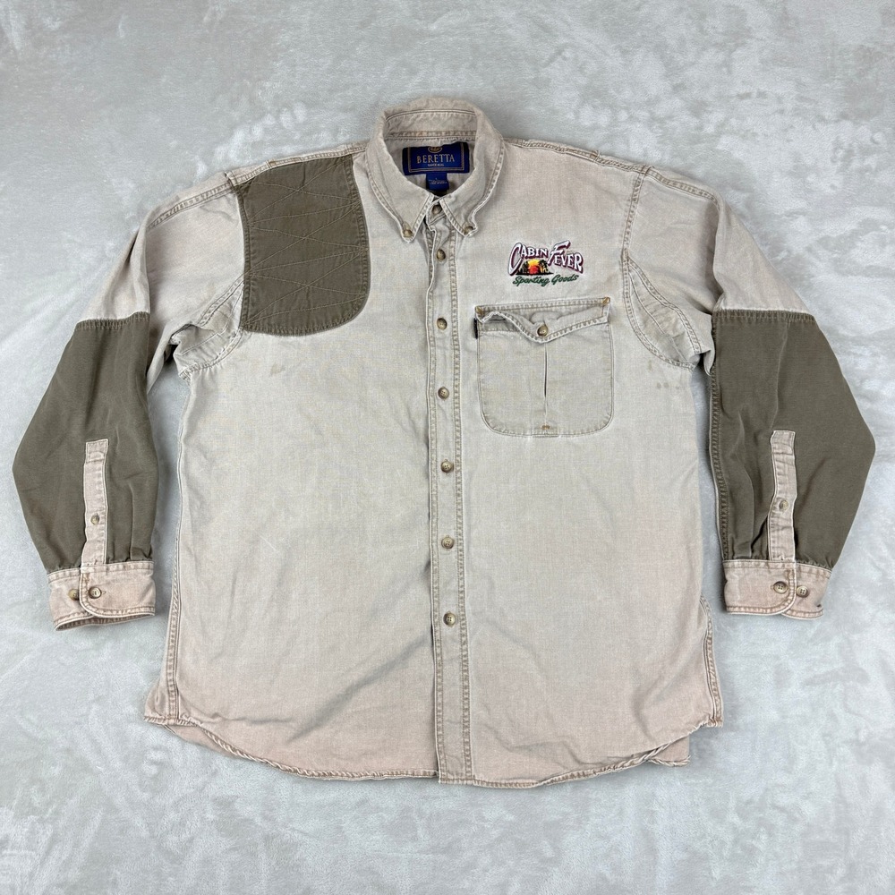 Beretta Shirt Mens L Light Tan, Brown Canvas Shooting Hunting Grunge - Flaw